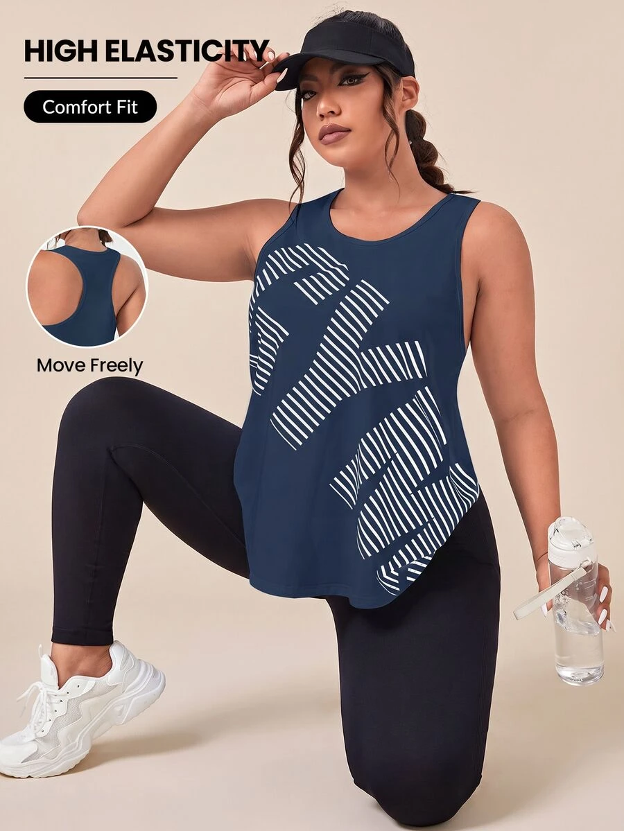 SHEIN Unity Plus Size Women's Letter Print Daily Fitness Workout Racerback Tank Top - Royal Blue - View 1