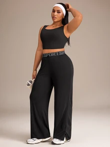 Rhythm Era Plus Size Loose Fit Yoga Pants High Elasticity Webbed Waistband Straight Leg Casual Long Pants Split Hem Fashion Design Sports Trousers - Black - View 3