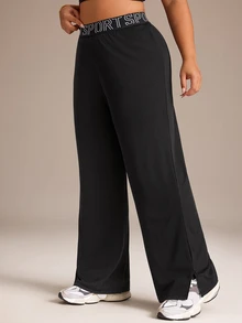 Rhythm Era Plus Size Loose Fit Yoga Pants High Elasticity Webbed Waistband Straight Leg Casual Long Pants Split Hem Fashion Design Sports Trousers - Black - View 4