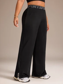 Rhythm Era Plus Size Loose Fit Yoga Pants High Elasticity Webbed Waistband Straight Leg Casual Long Pants Split Hem Fashion Design Sports Trousers - Black - View 6
