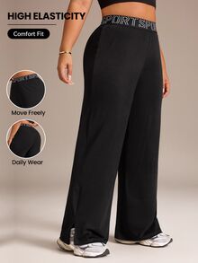 Rhythm Era Plus Size Loose Fit Yoga Pants High Elasticity Webbed Waistband Straight Leg Casual Long Pants Split Hem Fashion Design Sports Trousers - Black - View 1