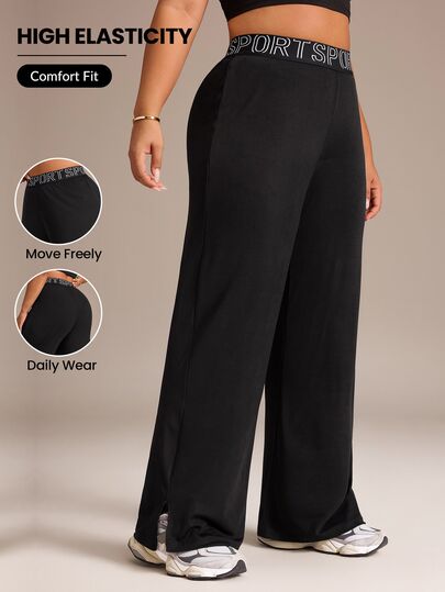 SHEIN Velisys Plus Size Loose Fit Yoga Pants High Elasticity Webbed Waistband Straight Leg Casual Long Pants Split Hem Fashion Design Sports Trousers