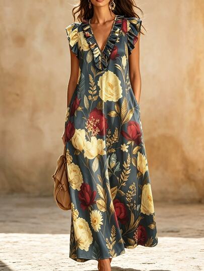 EMERY ROSE Vestido largo de verano de estilo casual, de viaje y vacaciones, de gran tamaño, con estampado floral y tejido de nueva