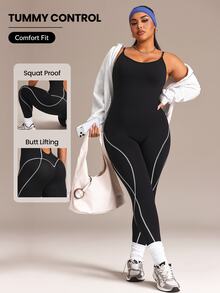 SHEIN Rhythm Era Seamless High Elasticity Plus Size Women's Sports Jumpsuit - Black - View 1