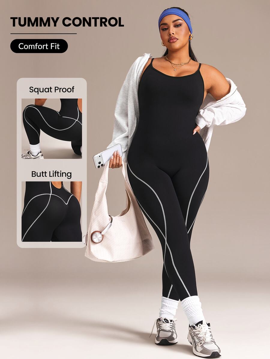 SHEIN Rhythm Era Seamless High Elasticity Plus Size Women's Sports Jumpsuit - Black - View 1