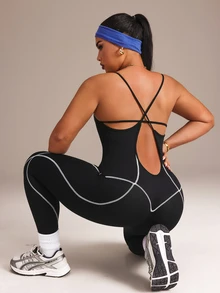 SHEIN Rhythm Era Seamless High Elasticity Plus Size Women's Sports Jumpsuit - Black - View 2