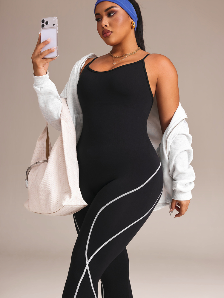 SHEIN Rhythm Era Jumpsuit Olahraga Wanita Ukuran Besar Tanpa Jahitan Elastisitas Tinggi - Hitam - View 4
