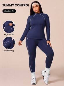 SHEIN Rhythm Era Plus-Size Semi-Zip Yoga Set For Women - Color Block Top With Visible Stitching, Long Sleeve, High-Waist Fitness Pants Two Pieces Quick-Dry Workout Wear - Navy Blue - View 1