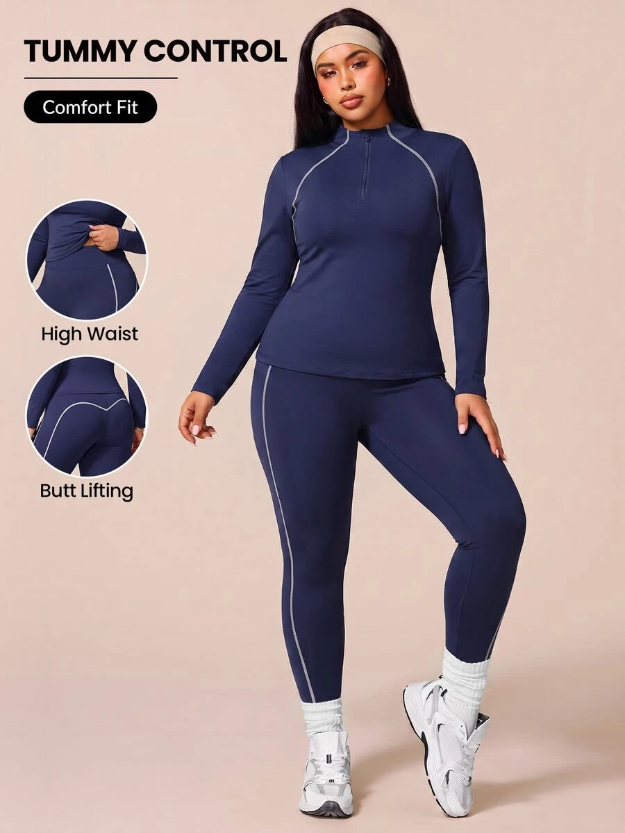 SHEIN Rhythm Era Plus-Size Semi-Zip Yoga Set For Women - Color Block Top With Visible Stitching, Long Sleeve, High-Waist Fitness Pants Two Pieces Quick-Dry Workout Wear - Navy Blue - View 1
