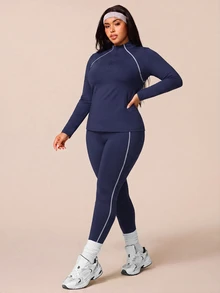 SHEIN Rhythm Era Plus-Size Semi-Zip Yoga Set For Women - Color Block Top With Visible Stitching, Long Sleeve, High-Waist Fitness Pants Two Pieces Quick-Dry Workout Wear - Navy Blue - View 4