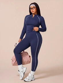 SHEIN Rhythm Era Plus-Size Semi-Zip Yoga Set For Women - Color Block Top With Visible Stitching, Long Sleeve, High-Waist Fitness Pants Two Pieces Quick-Dry Workout Wear - Navy Blue - View 5