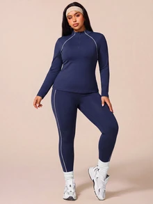SHEIN Rhythm Era Plus-Size Semi-Zip Yoga Set For Women - Color Block Top With Visible Stitching, Long Sleeve, High-Waist Fitness Pants Two Pieces Quick-Dry Workout Wear - Navy Blue - View 6