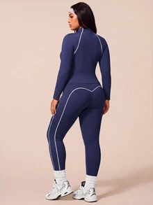 SHEIN Rhythm Era Plus-Size Semi-Zip Yoga Set For Women - Color Block Top With Visible Stitching, Long Sleeve, High-Waist Fitness Pants Two Pieces Quick-Dry Workout Wear - Navy Blue - View 2