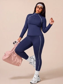 SHEIN Rhythm Era Plus-Size Semi-Zip Yoga Set For Women - Color Block Top With Visible Stitching, Long Sleeve, High-Waist Fitness Pants Two Pieces Quick-Dry Workout Wear - Navy Blue - View 3