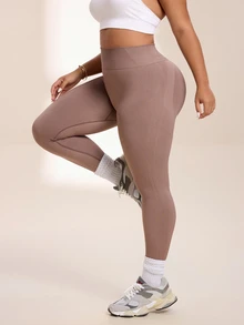 Rhythm Era Plus Size Women Solid Color High Waist Casual Daily Outing Sports Tight Leggings - Khaki - View 3
