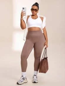 Rhythm Era Plus Size Women Solid Color High Waist Casual Daily Outing Sports Tight Leggings - Khaki - View 6