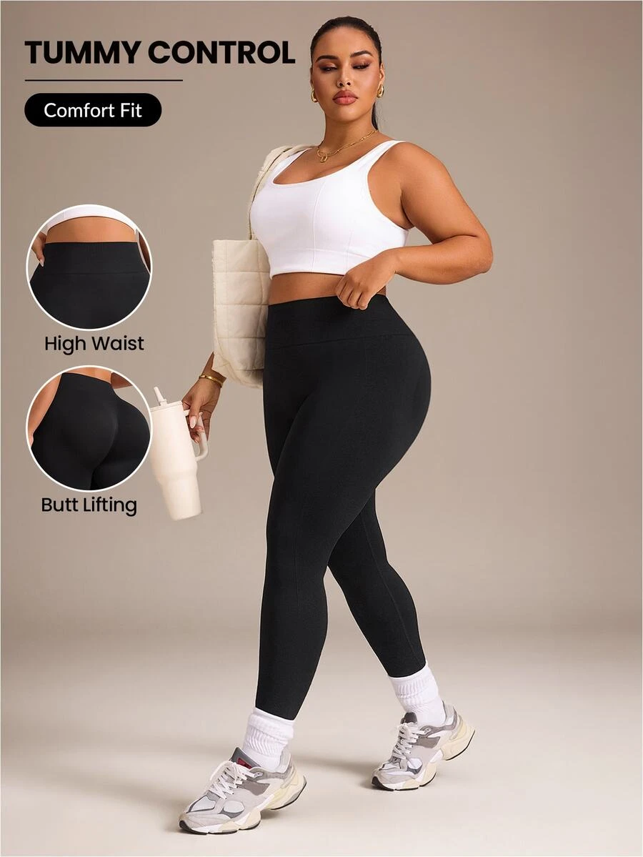SHEIN Rhythm Era Plus Size Women's Solid Color Casual Daily Wear Sports Tight Leggings - Black - View 1