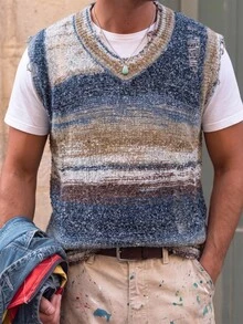 Manfinity CasualKnits 男士拼色休閒百搭日常穿著針織背心 節慶款 男孩秋冬日常新款套頭毛衣 - 彩色 - 查看 3