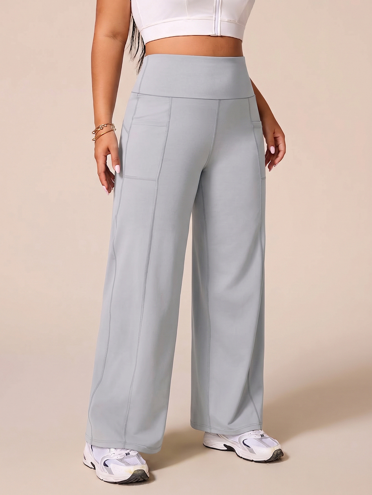 SHEIN Rhythm Era Women's Plus Size Solid Color High Waist Daily Fitness Sports Leggings - Light Grey - View 5