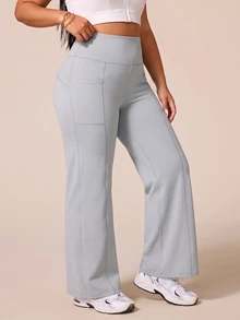 SHEIN Rhythm Era Women's Plus Size Solid Color High Waist Daily Fitness Sports Leggings - Light Grey - View 4