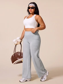 SHEIN Rhythm Era Women's Plus Size Solid Color High Waist Daily Fitness Sports Leggings - Light Grey - View 7