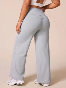 SHEIN Rhythm Era Women's Plus Size Solid Color High Waist Daily Fitness Sports Leggings - Light Grey - View 2