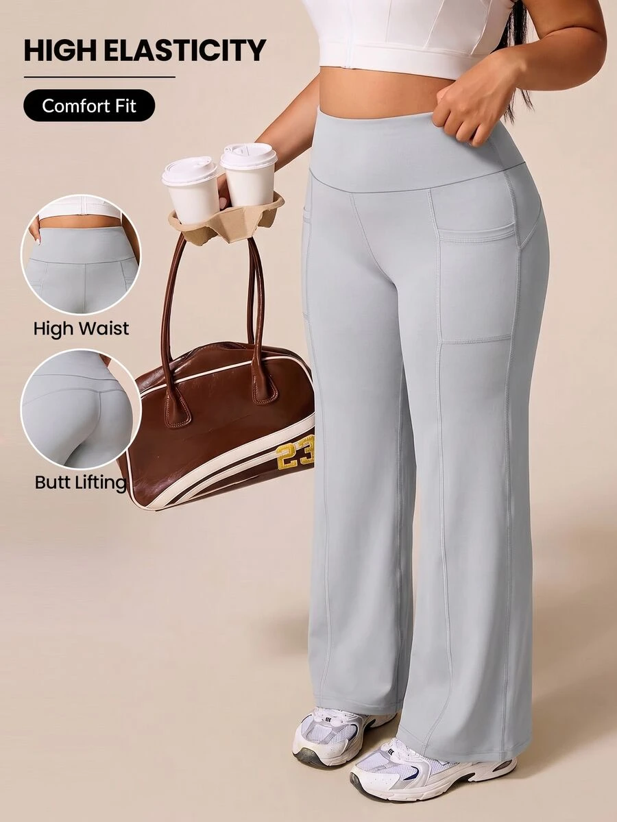 SHEIN Rhythm Era Women's Plus Size Solid Color High Waist Daily Fitness Sports Leggings - Light Grey - View 1