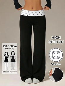 SHEIN PETITE 女款對比黑波點印花腰部寬腿褲，皮拉提斯瑜伽居家服，秋冬休閒，小碼 - 黑色 - 查看 10