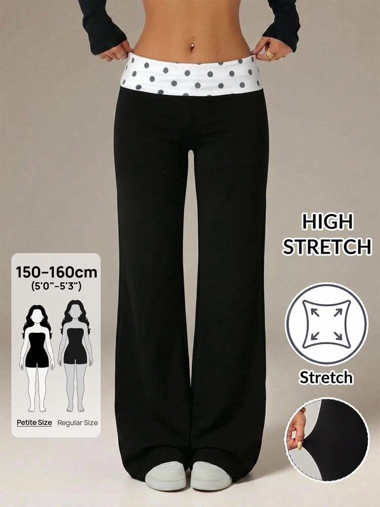 SHEIN PETITE Celana Panjang Wanita Motif Polkadot Hitam Kontras dengan Potongan Lebar di Pinggang, Cocok untuk Pilates, Yoga, Pakaian Rumah, Musim Gugur/Dingin, Kasual, Ukuran Petite - Hitam - View 10