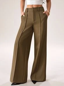 SHEIN PETITE Fashionable Versatile Commuter Wide Leg Suit Pants - Green - View 1