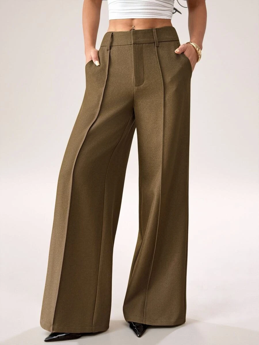 SHEIN PETITE Fashionable Versatile Commuter Wide Leg Suit Pants - Green - View 1