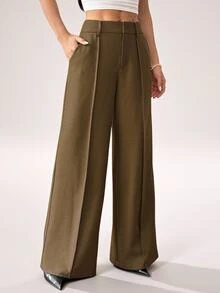 SHEIN PETITE Fashionable Versatile Commuter Wide Leg Suit Pants - Green - View 4
