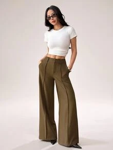 SHEIN PETITE Fashionable Versatile Commuter Wide Leg Suit Pants - Green - View 7