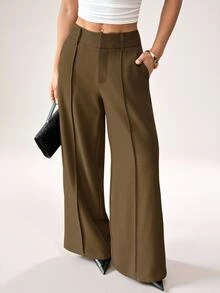 SHEIN PETITE Fashionable Versatile Commuter Wide Leg Suit Pants - Green - View 3