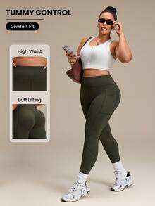 Rhythm Era 2pcs Plus Size Women Solid Color High Waist Pockets Sports Leggings - Multicolor - View 1