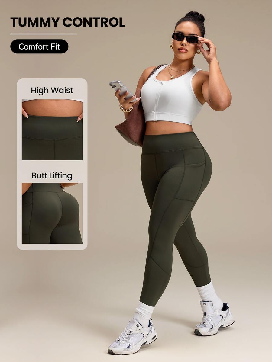 Rhythm Era 2pcs Plus Size Women Solid Color High Waist Pockets Sports Leggings - Multicolor - View 1