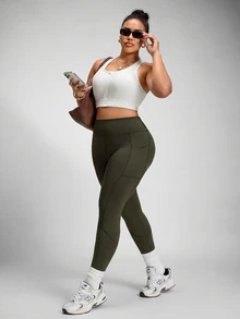Rhythm Era 2pcs Plus Size Women Solid Color High Waist Pockets Sports Leggings - Multicolor - View 8