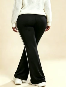 SHEIN Rhythm Era Plus Size Autumn/Winter Thermal Lined Thickened Colorblock Striped Patchwork Sports Long Pants - Black - View 2