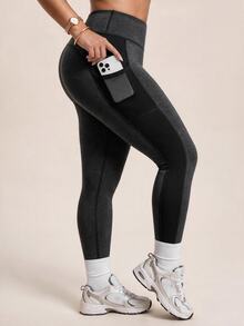 SHEIN Rhythm Era Women's Plus Size Pocket Colorblock Patchwork Sports Leggings Gym Active Dark Purple Summer - Black - View 8