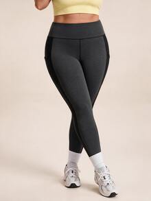 SHEIN Rhythm Era Women's Plus Size Pocket Colorblock Patchwork Sports Leggings Gym Active Dark Purple Summer - Black - View 6