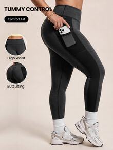 SHEIN Rhythm Era Women's Plus Size Pocket Colorblock Patchwork Sports Leggings Gym Active Dark Purple Summer - Black - View 1