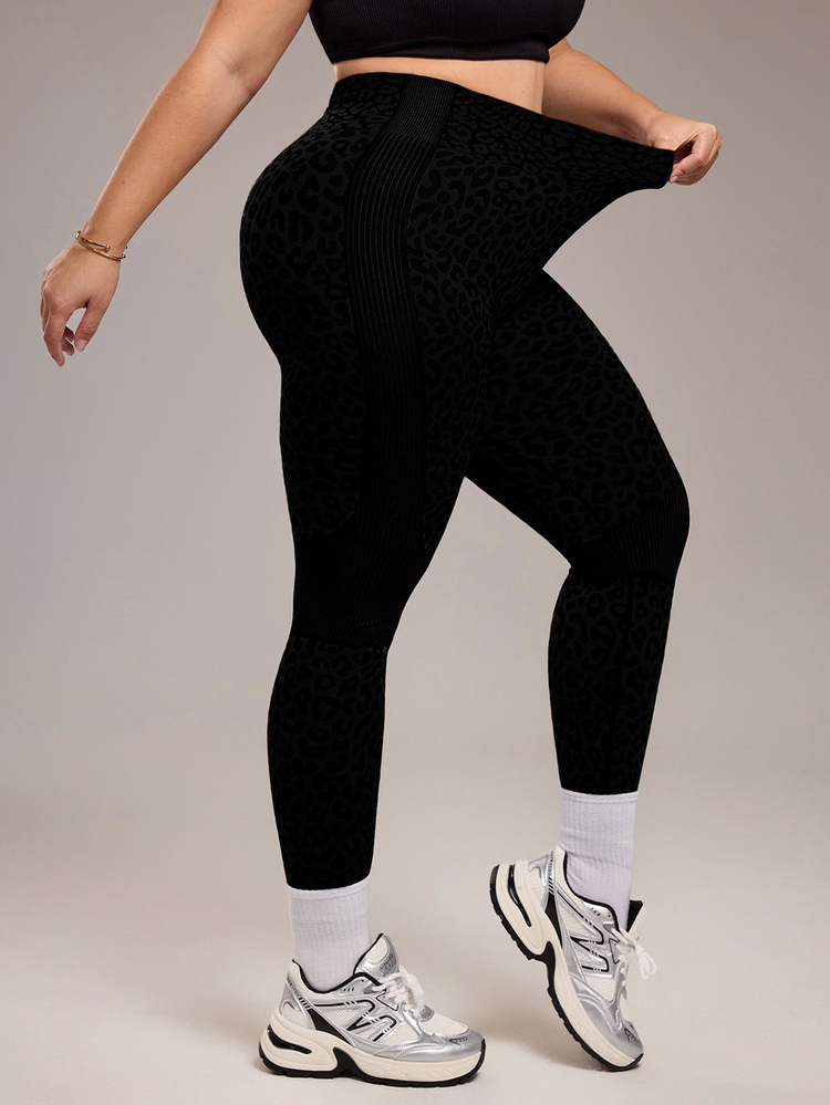 Rhythm Era 1pc Women Plus Size Leopard Print Side Stripe Fitness Running Yoga Leggings - Black - View 3