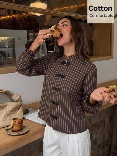 Siren Gaze Women's New Autumn/Winter Pure Cotton Frog Button New Chinese Style Shirt Office Brunch Brown Striped 80s Retro 70s Elegant