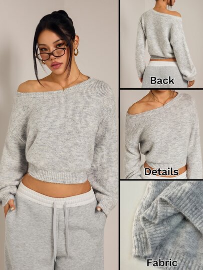 SHEIN PETITE Women's Grey Warm Asymmetric-Shoulder Knit Top – Casual/Workwear For Petites