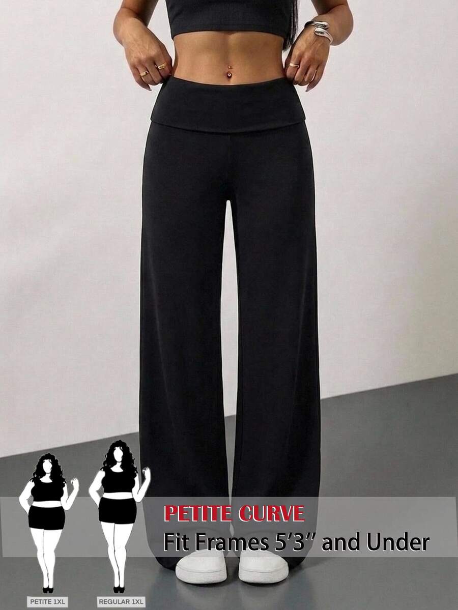 SHEIN PETITE CURVE Celana Panjang Wanita Ukuran Besar Warna Polos Kasual Lembut Serbaguna untuk Sehari-hari Formal Olahraga Hitam Musim Gugur Pakaian Rumah Formal - Hitam - View 1