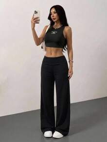 SHEIN PETITE CURVE Celana Panjang Wanita Ukuran Besar Warna Polos Kasual Lembut Serbaguna untuk Sehari-hari Formal Olahraga Hitam Musim Gugur Pakaian Rumah Formal - Hitam - View 6