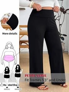 SHEIN PETITE CURVE Celana Panjang Wanita Ukuran Besar Warna Polos Kasual Lembut Serbaguna untuk Sehari-hari Formal Olahraga Hitam Musim Gugur Pakaian Rumah Formal - Hitam - View 7
