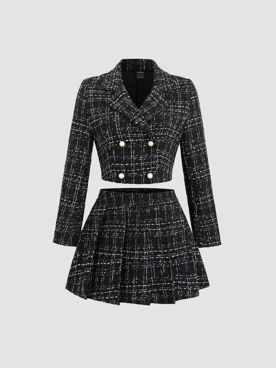 Sweetra Women's Elegant Plaid Double-Breasted Cropped Jacket And Pleated Skirt Two-Piece Set For Spring And Autumn Y2K Outfit Fall Cloth For Women - Black and White - View 1