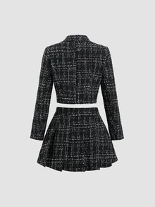Sweetra Women's Elegant Plaid Double-Breasted Cropped Jacket And Pleated Skirt Two-Piece Set For Spring And Autumn Y2K Outfit  Fall Cloth For Women - Black and White - View 2