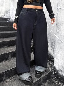 Jeanoix Celana Panjang Wanita Ukuran Plus Gaya Y2K Model Lurus dengan Hiasan Kancing di Saku Belakang - Dark Wash - View 3